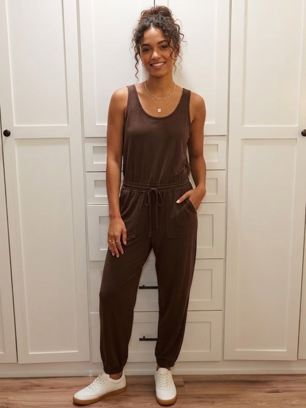 NWT Lululemon BeCalm Cinch Waist Brown Sleeveless Drawstring Jumpsuit Size XL